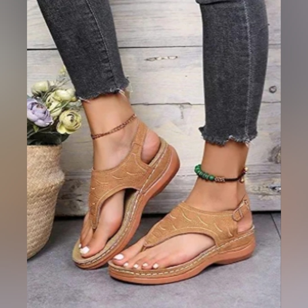 Womens Wedge Heel Thong Toe Adjustable Strap Khaki Sandals Size 9.5/10